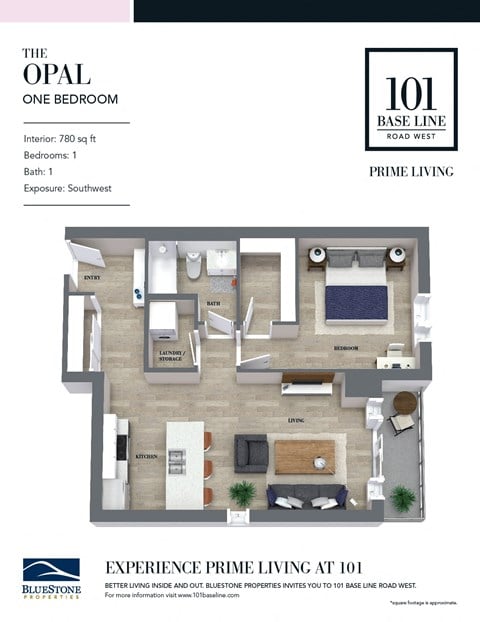 Floor plan for 1 bed, 1 bath, 780 sqft